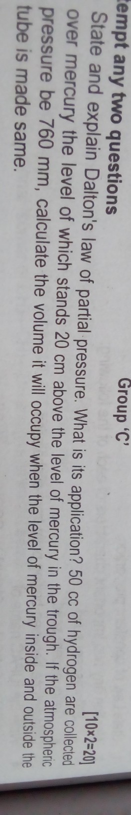 Question image for 50cc of hydrogen collected over mercury the level